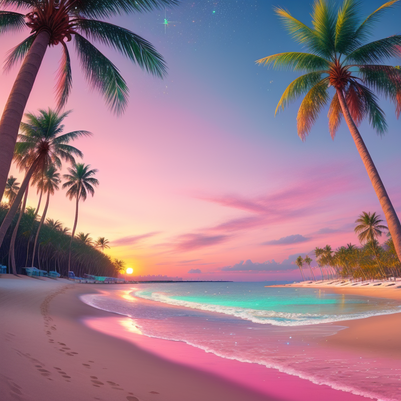 00142-3708315066-glitter  A sandy beach with palm trees and pink sea.png